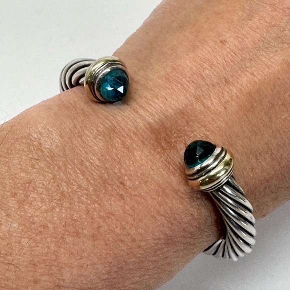David Yurman 7mm Blue Topaz Cable Classic Cuff Bracelet .925/14K - Picture 7 of 10